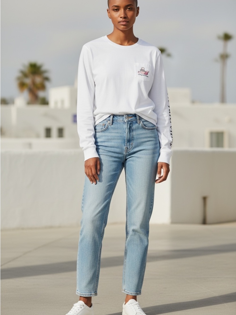 Vineyard Vines Large White Long Sleeve Pocket Tee Winter Ski Outfit with Choco